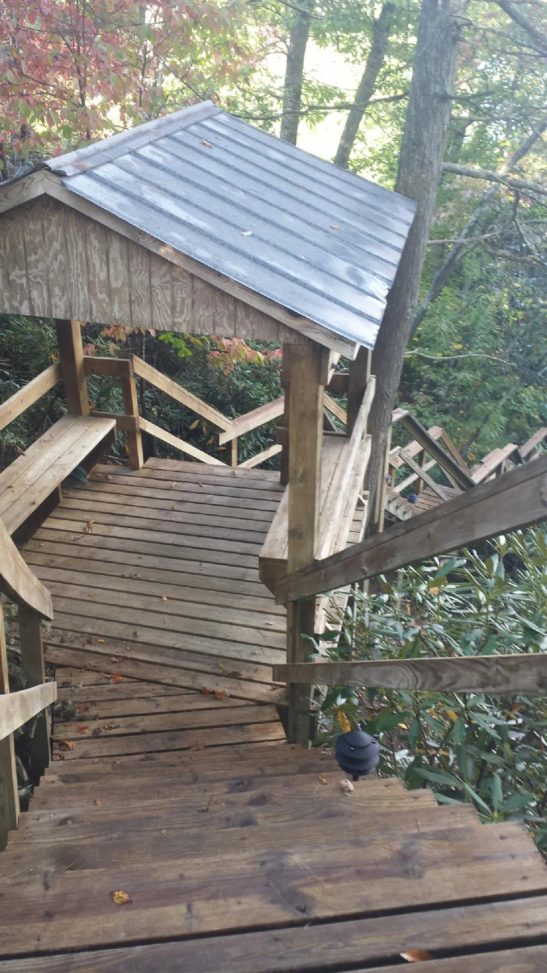 Metal roofed shelter over wooden steps on a wooded walkway — Skylight Repair & Installation work by our crew in Graysville